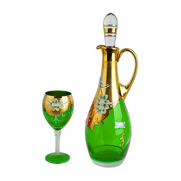 سرویس تنگ و گیلاس طلاکوب گل برجسته خمره ایی تک دسته سبز برند اگرمن