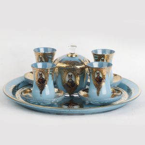  چایخوری شاه عباسی فیروزه‌ ایی 15 پارچه بلور پاشا باغچه