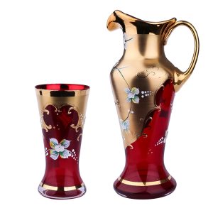 سرویس پارچ و لیوان طلاکوب گل برجسته قرمز اگرمن